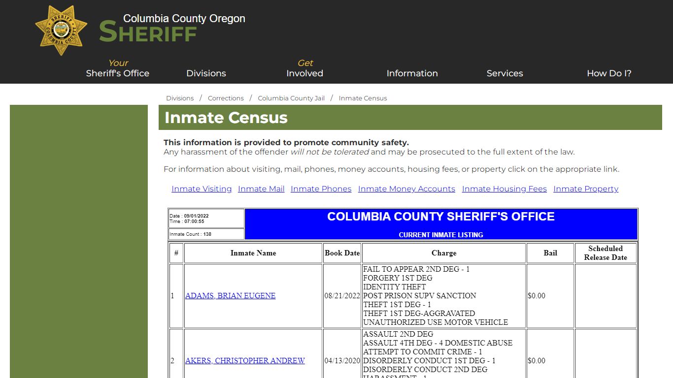 Columbia County Oregon Sheriff - Inmate Census